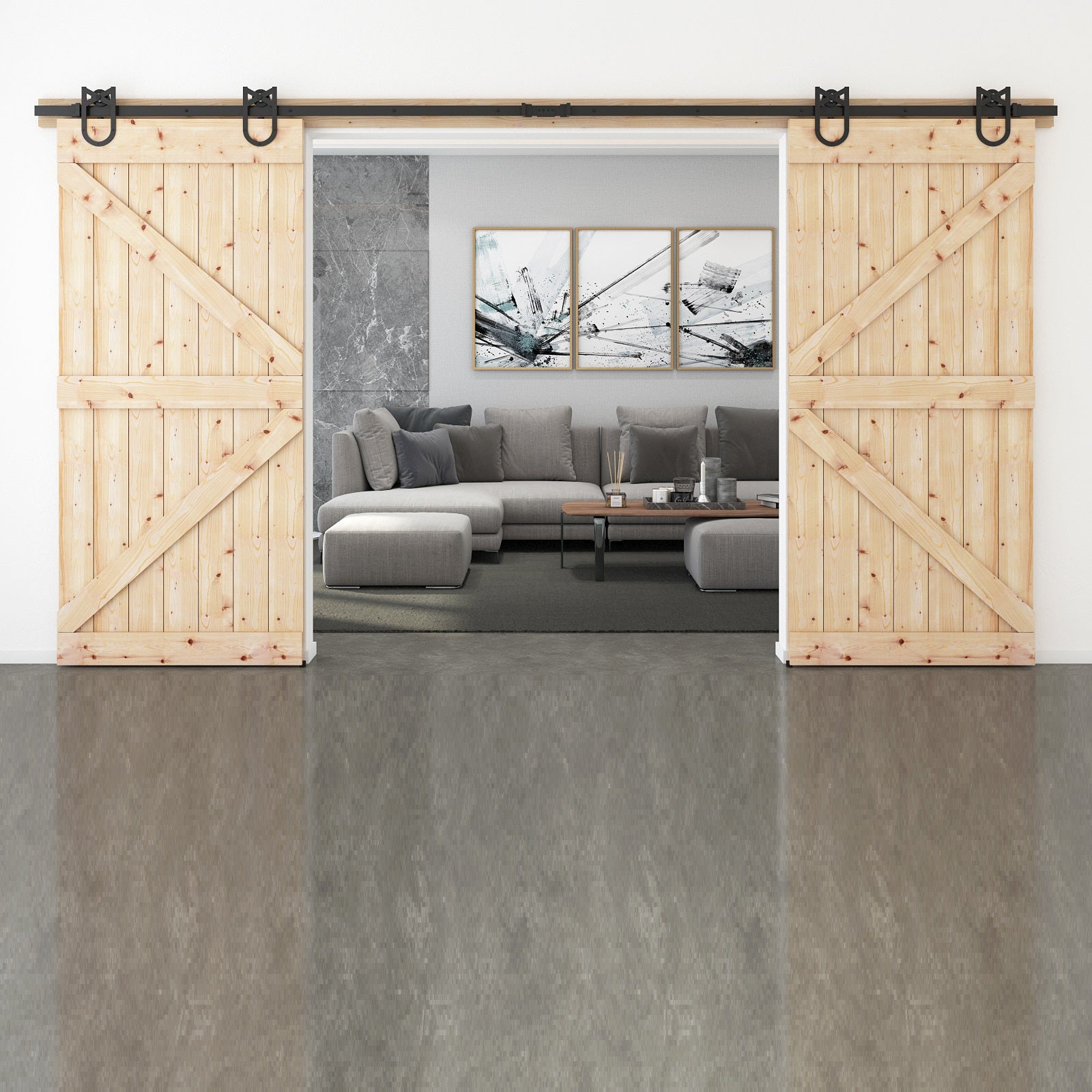 Barn Door Hardware, Sliding Door Hardware, Exposed Wheel Hardware, Horse Shoe Shaped Hangers, Double Door Hardware
